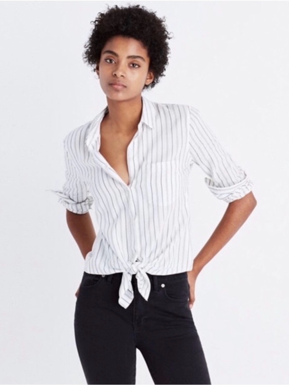 Madewell Darcy White Button-Down Tie-Front Shirt with Black Stripes